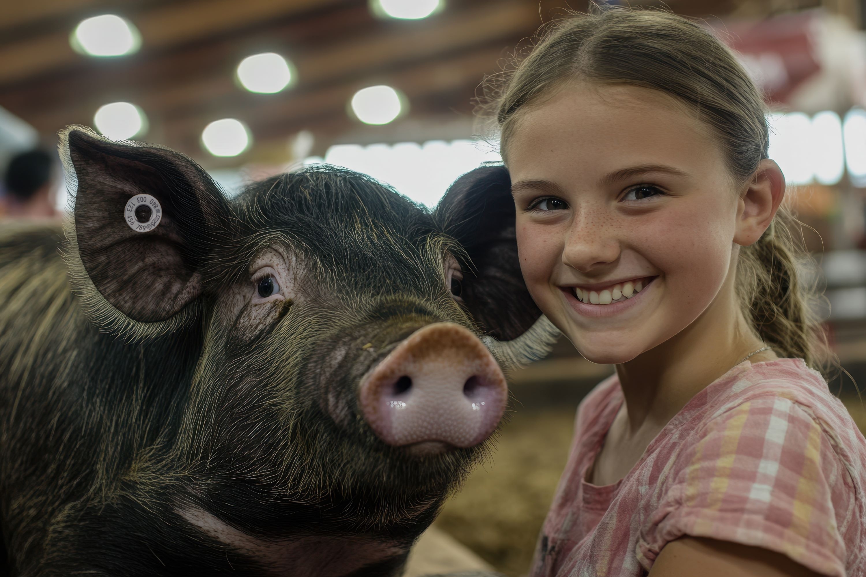 Girl next to a pig with black-brown fur.